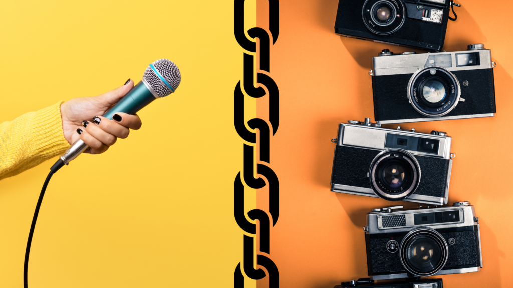 Woman's hand holding a wired microphone on the left in front of a yellow background. 4 cameras lined up vertically on an orange background on the right. A black graphic link chain down the centre.