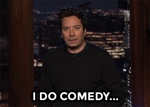 Jimmy Fallon wearing a black shirt motioning with his hand with a subtitle below him saying "I Do Comedy..."