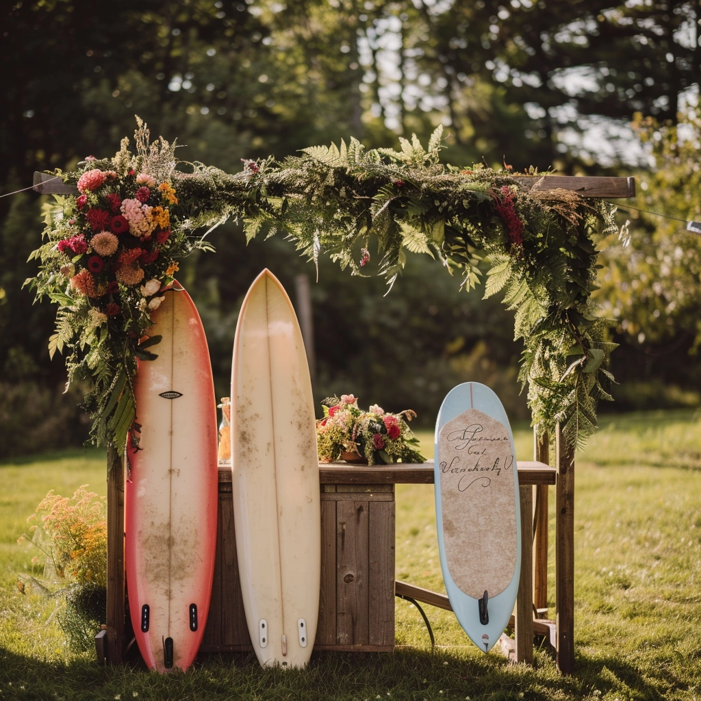 Surfboard Wedding Guest Book Under Flower Arbour In Outdoor Wedding Garden Setting