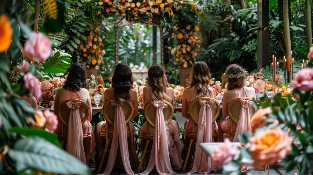 Bridesmaids seated at floral garden wedding reception table