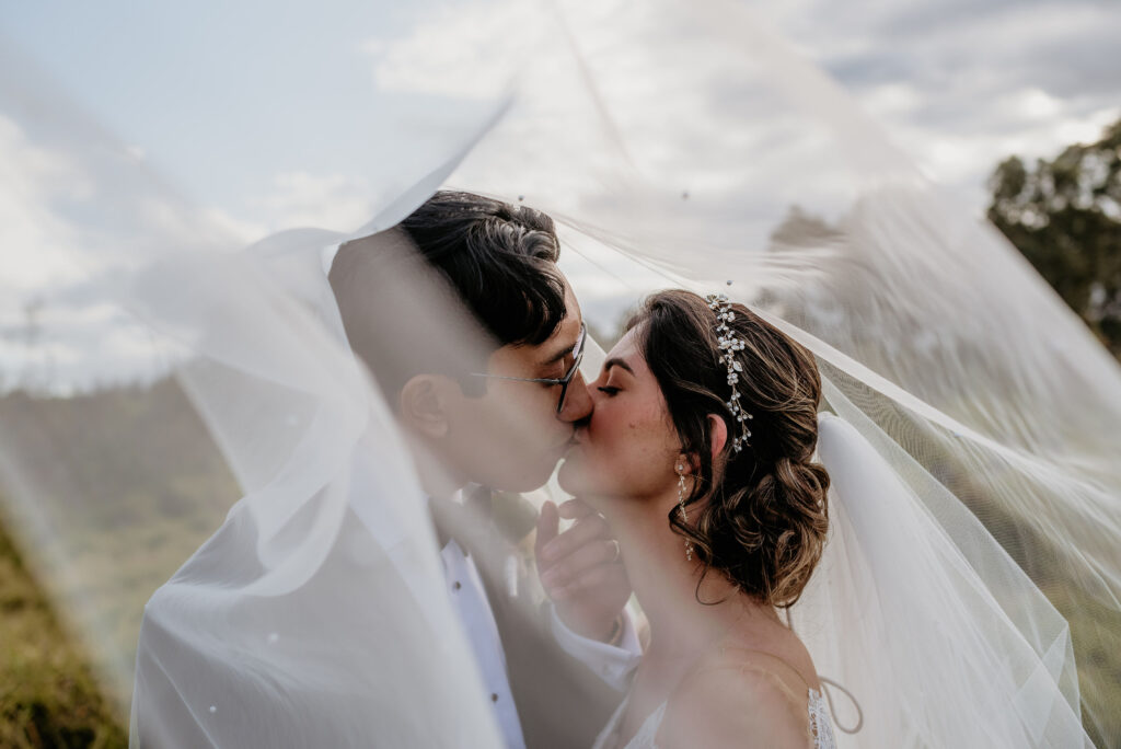 Bride and groom kissing under wedding veil outdoors