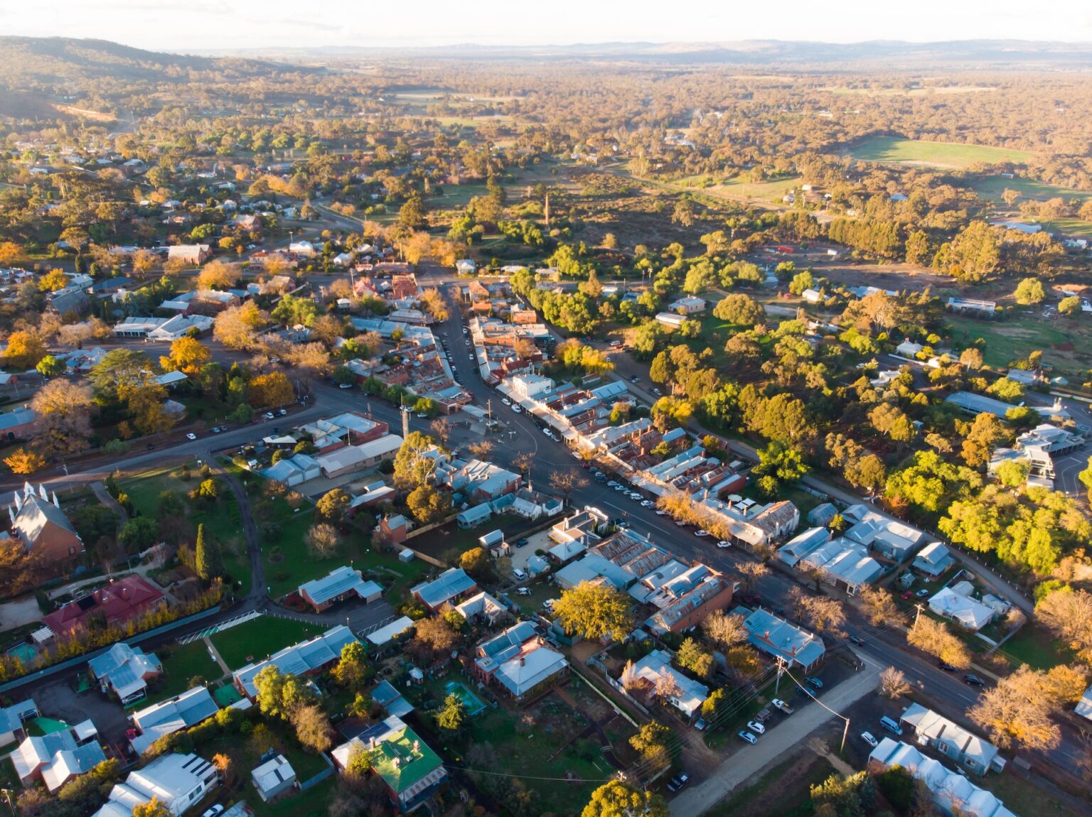 a winter's sunset over the gold mining town of maldon in victoria, australia